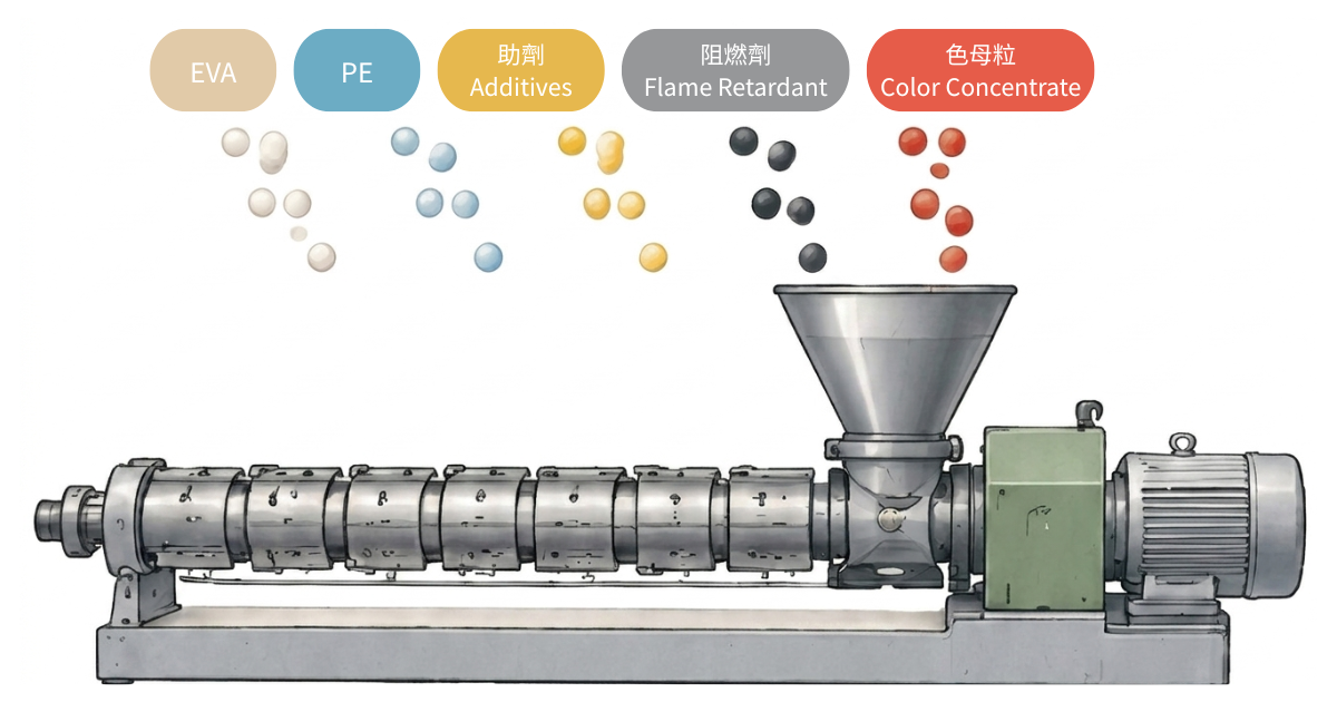 熱縮套管混料製程:EVA、PE、助劑、阻燃劑與色母粒投入擠出機 熱縮套管混料製程:EVA、PE、助劑、阻燃劑與色母粒投入擠出機